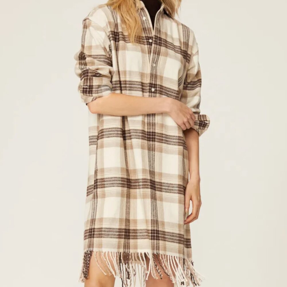 Polo Ralph Lauren Cream and Brown Plaid Fringe Shirtdress